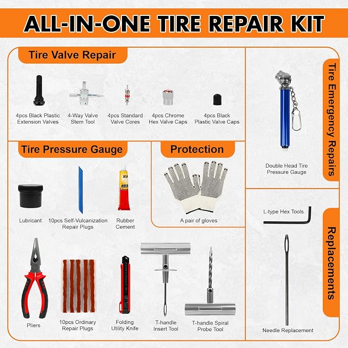 X-BULL Heavy Duty Tire Plug Kit All-in-One Tire Repair Kit with Self-Vulcanizing Plugs & Organized Bag for Car, SUV, Truck, Motorcycle, On Road & Off Road Professional Flat Tire Fix Kit