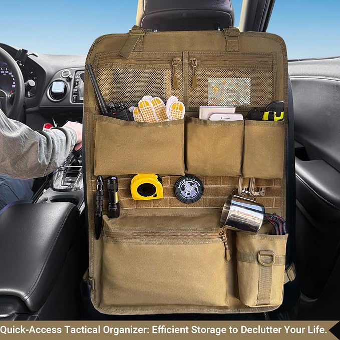 Tactical Car Seat Organizer with Multiple Pockets, MOLLE Panel System & Mesh Compartments, Durable Nylon Universal Vehicle Seat Back Storage with Cup Holder, Water-Resistant (Mud)