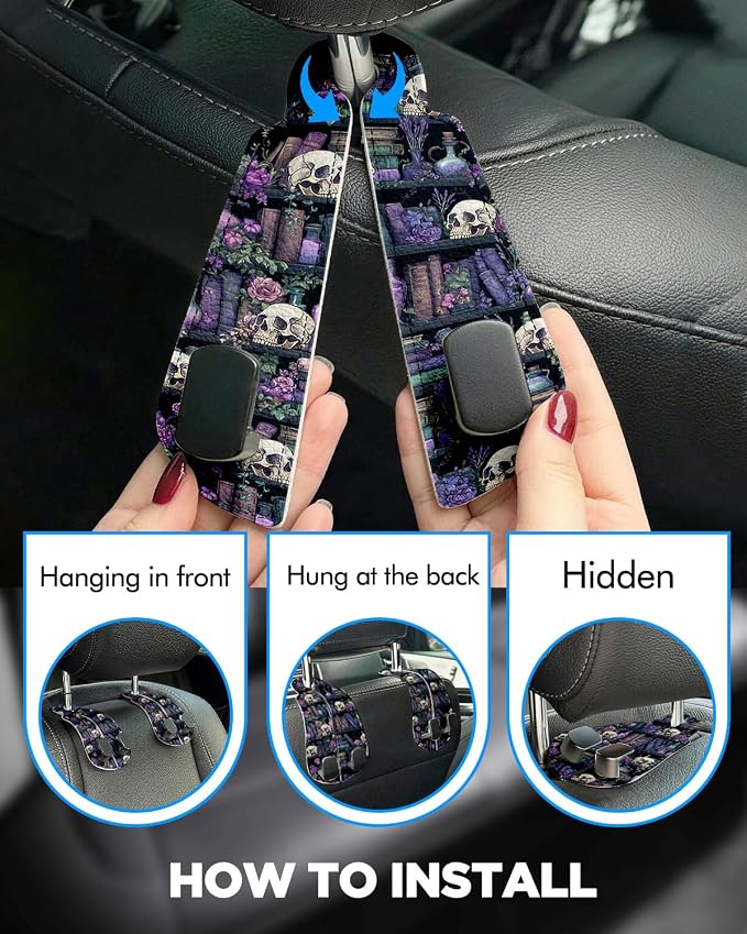 WOCOCN Purse Holder for Car, 2 Pack Heavy Duty Purse Hanger for Car, PU Leather Car Seat Hooks for Purses and Bags, Cute Purple Skeleton Headrest Organizer for Handbags & Backpacks