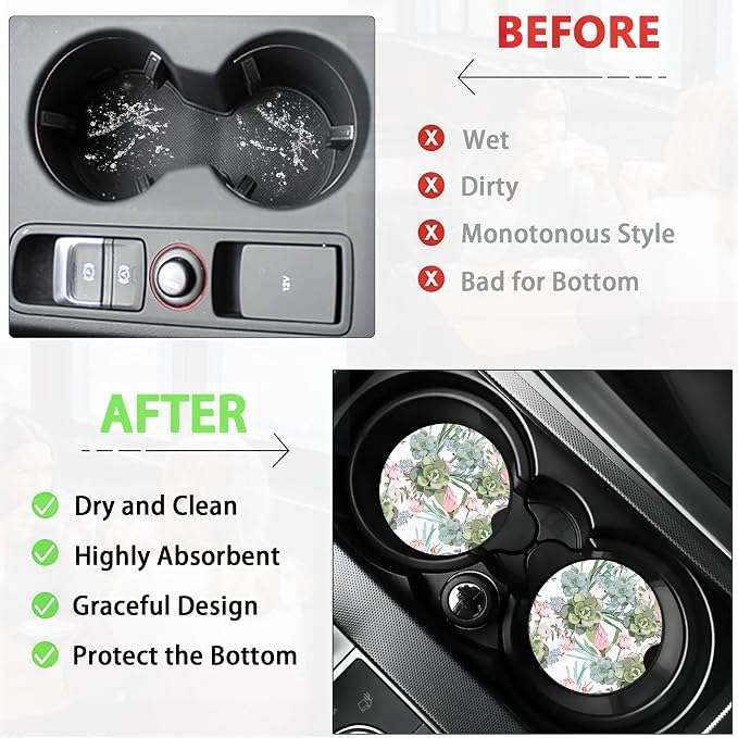 Succulent Cactus Coasters Car Cup Holders,2 Pack Green Plants Flower Cute Anti Slip Ceramic Car Cup Holder Accessories for Women Men 2.56"
