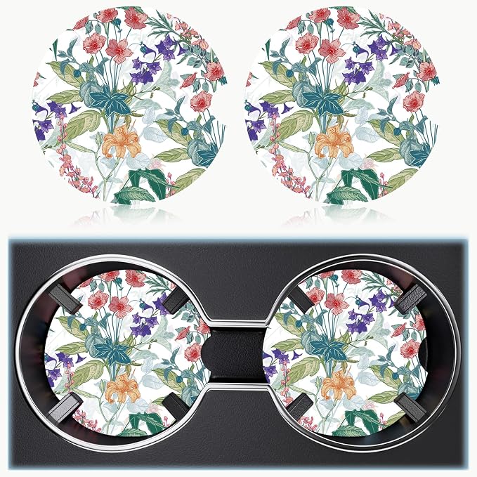 Car Cup Holder Coaster Set of 2, 2.56 in Ceramic Coasters, Scratch-Resistant Cork Backing, Finger Groove Design for Easy Placement, Cute Car Accessories Interior for Women (Trumpet Flower)