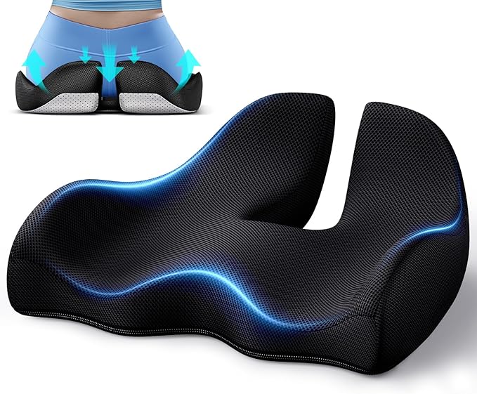 Benazcap Memory Foam Seat Cushion Relieves Sciatica & Tailbone Pain | Ergonomic design, washable cover & anti-slip base, long-sitting pad for office, gaming and car seats Black