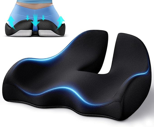 Benazcap Memory Foam Seat Cushion Relieves Sciatica & Tailbone Pain | Ergonomic design, washable cover & anti-slip base, long-sitting pad for office, gaming and car seats Black
