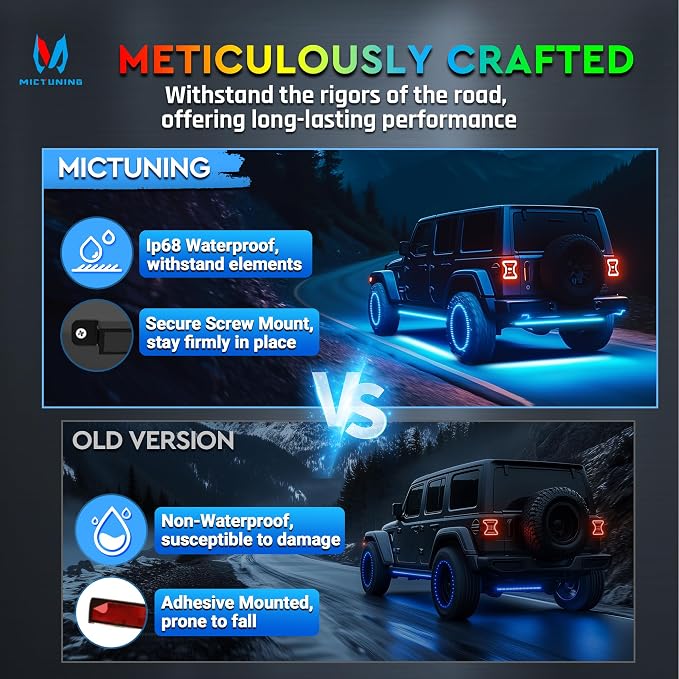 MICTUNING 8Pcs N8+ RGBW Underglow LED Lights for Cars, APP & Remote Dual Control, IP68 Waterproof Aluminum Multicolor Modes Music Soundsync Exterior Neon Accent Car Underglow Kit, 2 Years Warranty