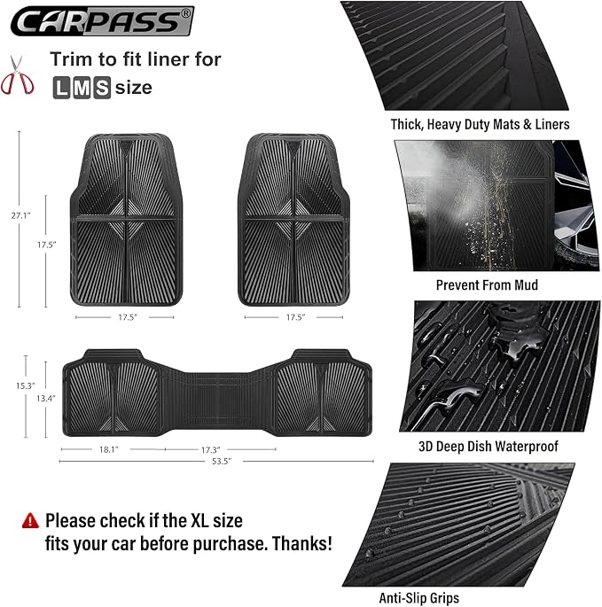 CAR PASS Rubber Floor Mats, All Weather Waterproof Trim-to-Fit Automotive Mats for Cars Trucks SUV, Anti-Slip Easy Clean, Heavy Duty Full Set 3-Piece, All Black