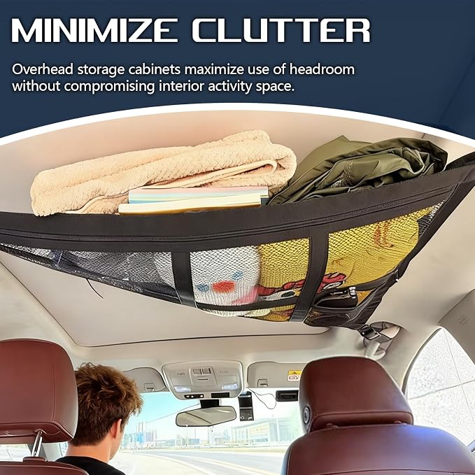 Car Ceiling Cargo Net, 28.74"×20.87" Double-Layer Mesh Car Roof Storage Organizer, Auto Interior Roof Cargo Net for SUV Truck Van, Camping Accessories, Road Trip Essentials (Black)