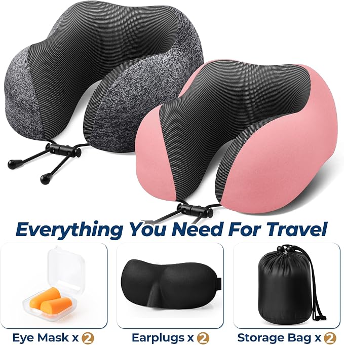 ExploreBliss Travel Pillow, 2 Pack Travel Pillows for Sleeping Airplane, Neck Pillow Airplane, Memory Foam Neck Pillow Set with Eye Mask, Earplugs and Storage Bag -Grey & Pink
