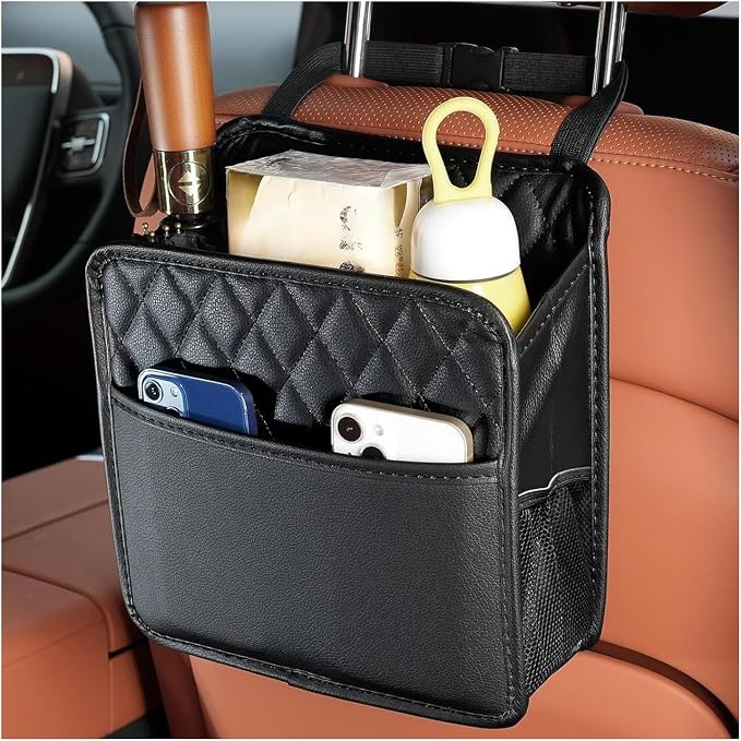 DXNQ Car Seat Back Organizer, Large Capacity Foldable Car Seat Back Hanging Bag with 3 Extra Pockets, Waterproof Leather Auto Seats Storage Organizer, Car Travel Essentials Accessories (Black)