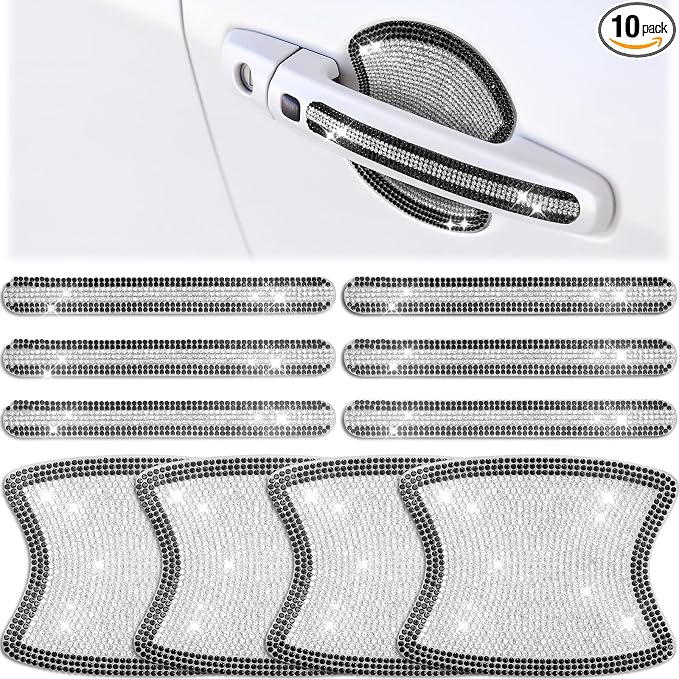 Frienda 10 Pieces Bling Car Accessories for Women Bling Car Door Handle Protector Door Handle Covers for Car Rhinestone Car Bowl Protector Accessories Women Stickers(Black White)