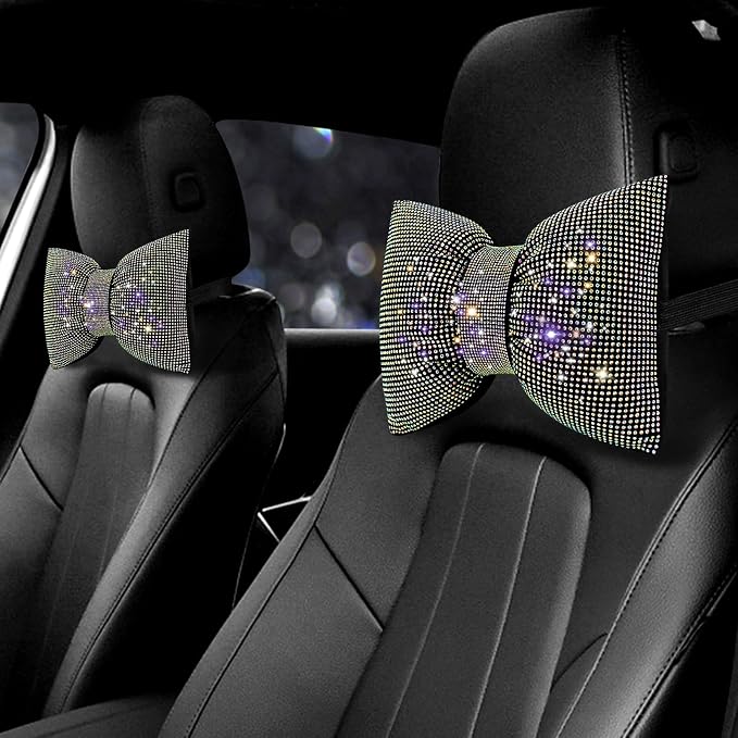 surpassme 2PCS Rhinestone Car Headrest Neck Pillow for Driving with Bling Bling Crystal Bow Pillow Car Accessories for Women (Color)