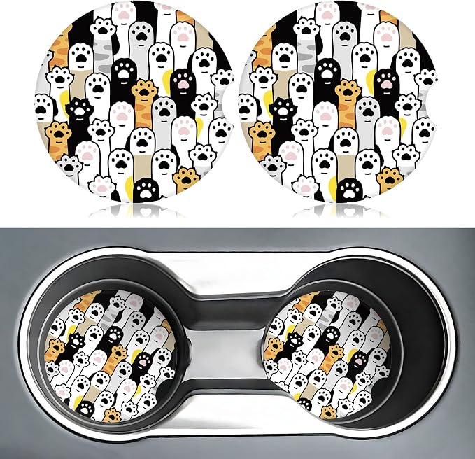 Cute Cat Paws Car Coasters for Cup Holders,2 Pack Car Cup Holder Coasters for Car,Ceramic Absorbent Car Coaster with A Finger Notch and Cork Base,Car Interior Accessories for Women Men