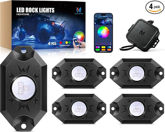 MICTUNING 2nd-Gen CM RGB Rock Lights - 4 Pods Waterproof Multicolor Neon Underglow Kit with Bluetooth App Control & Music Mode for Trucks Pickup UTV SUV ATV （2 Year Warranty）
