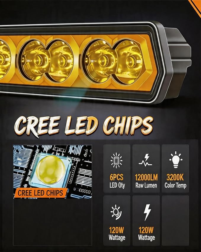 Yellow LED Light Bar 6" 120W Spot Beam, 2PCS Off Road Fog Lights | 30° Spot Beam with 5D Optic Lens | 120W Native Yellow LED | 2PCS + DT Wiring Harness | IP68 Waterproof for Truck SUV ATV UTV