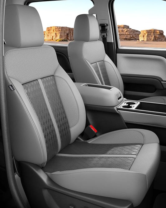 Custom Leather Seat Covers for 2014-2018 Sierra/Silverado 1500 | Only Crew Cab, Fits 2500/3500HD 2015-2020, no Rear Armrest/Seatback Storage, Waterproof, Scratch-resistant, Easy-clean
