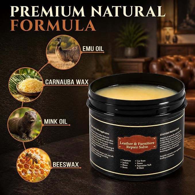 Leather Conditioner and Cleaner Balm for Furniture, Couch, Car Seats, Boots and Bags - Professional Leather Restorer with Natural Beeswax - Deeply Nourishes, Protects and Restores Shine (8oz)