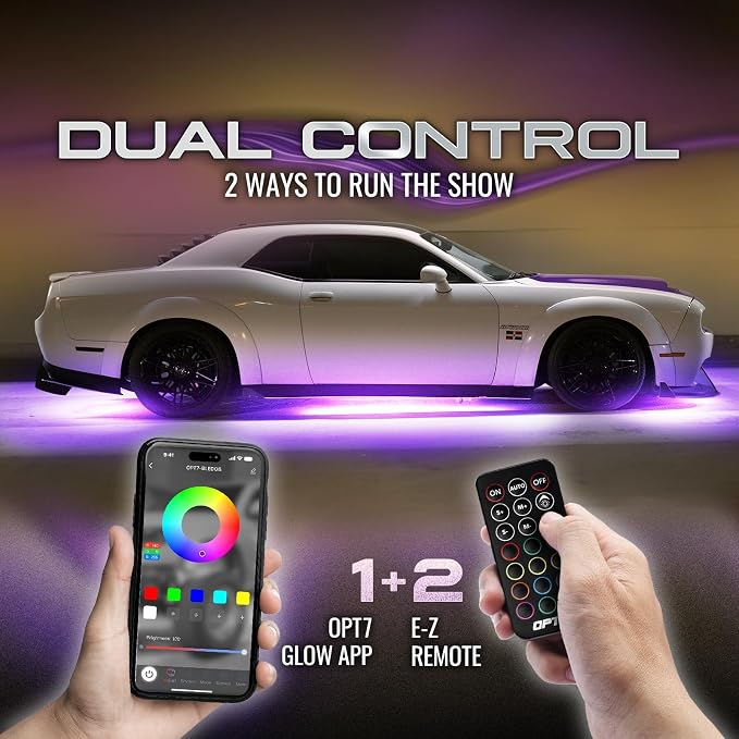 OPT7 Aura Flexible Car Underglow Lights with APP & Remote Control | 4PCS RGB LED Strips, Multicolor Music Modes, 12V Neon Accent Underbody Lighting, Universal Fit for Car Truck SUV, JDM Gifts