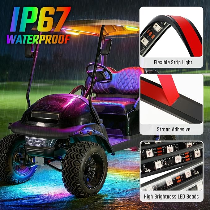 CLUBRALLY 6PCS Golf Cart Underglow LED Light Kit, 28 Modes Full-Body Neon Glow, 12-85V, Music Sync, Wireless Remote, Waterproof Strips, Fits EZGO, Club Car, Yamaha Golf Carts, 6 Pack