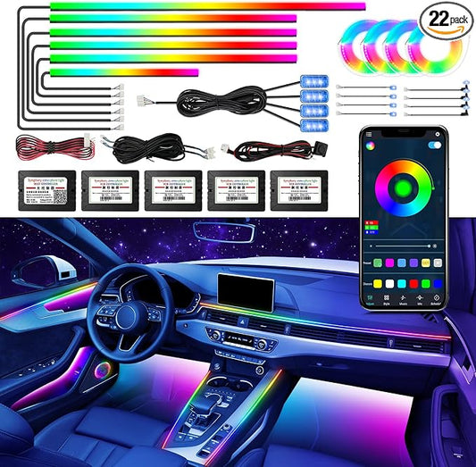 Dreamcolor Acrylic Car Interior Led Kit, Car Accessories 22 in 1 RGB Car Ambient Lighting Kits with APP Control and 213 Color Modes, Multicolor RGBW Neon Car LED Strip Lights with Music Mode