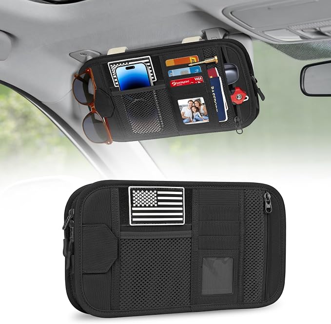 HUANLANG Car Sun Visor Organizer, Tactical Car Accessories with Zipper Storage Pouch, Glasses Clip Card Sleeve Pocket, Multi-Pocket Visor Organizer Fits Most Cars, SUVs, Trucks