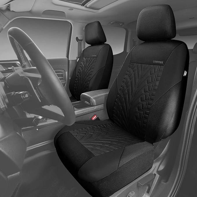 CAR PASS Car Seat Covers Full Sets, Front & Split Rear Bench for Car, 3D Tyre Embossed Automotive Interior Covers, Airbag Compatible, Quick Setup Universal Fit Seat Covers for Car, SUV(All Black)