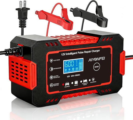 12V 6-Amp Battery Charger, Smart Trickle Charger & Maintainer RED | Battery Desulfator, Winter & Summer Mode, Lead-acid Battery Chargers, for Car Truck Motorcycle Lawn Mower Boat