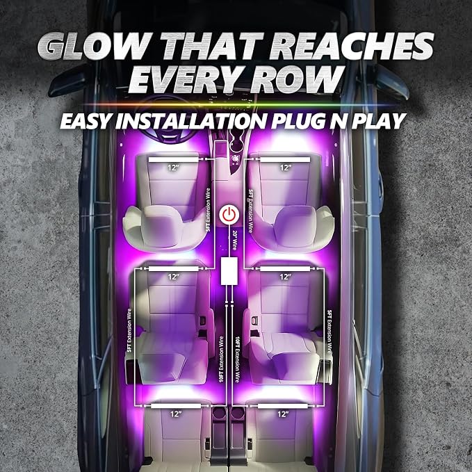 OPT7 Aura Pro Multicolor Interior SUV & Van Lights w/App & Remote, 6PC Kit | Extended Interior Lighting, RGB Ambient Footwell Glow, Full SUV Coverage, Sound Sync, 3-Row Car Decor, 12V LED Strips