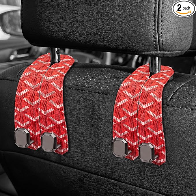 2PCS Car Hooks for Headrest, Faux Leather Purse Hook for Car Seat Back Organizers and Storage, Double Metal Purse Holder Bag Hanger, Universal Car Interior Accessories for Women Man