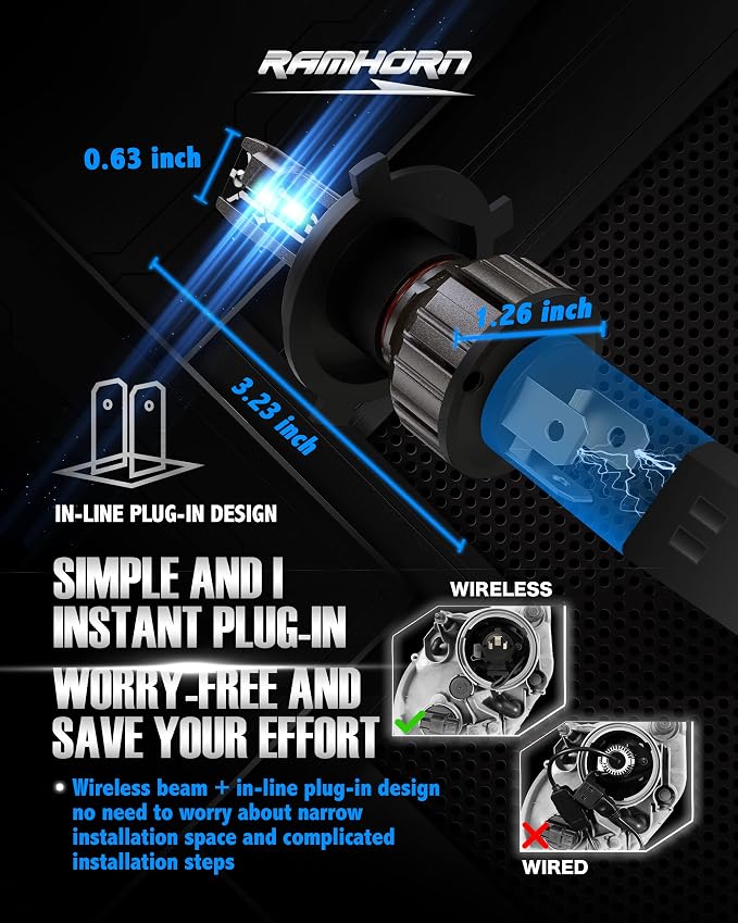 RAMHORN H4 Light Bulbs, 300% Brightness, 1:1 Size, Plug-N-Play, Pack of 2