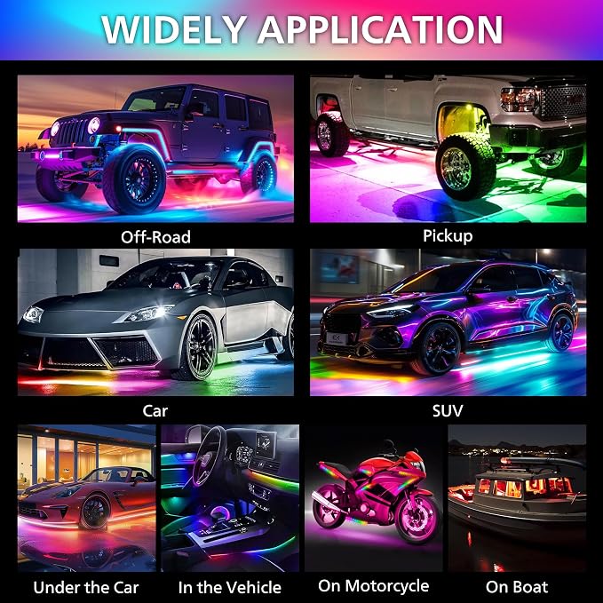 Underglow LED Light Kit 180 RGBI DIY Neon Strip for Car Truck | Underbody Exterior Accent Lighting with 16 Million Colors Music Sync Mode, for RV, SUV, Boat, Vans, 12V DC, IP65 Waterproof