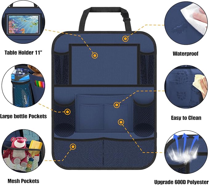 ULEEKA Car Backseat Organizer with 11" Table Holder, 10 Storage Pockets Seat Back Protectors Kick Mats for Kids Toddlers, Travel Accessories, 2 Pack, Blue
