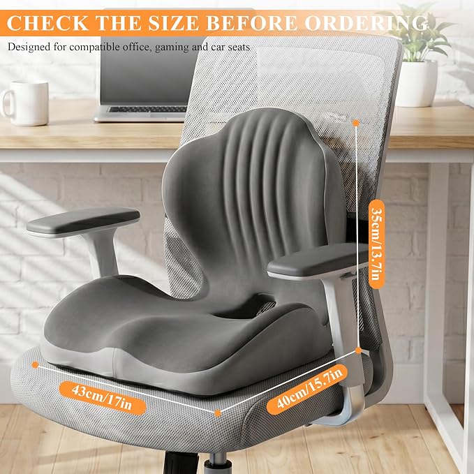 Ergonomic Seat Cushion with Back Support, L-Shaped Memory Foam Seat Cushion with Coccyx Cutout and Non-Slip Base for Office Chair, Car, Truck and Gaming Chair, Black/Gray