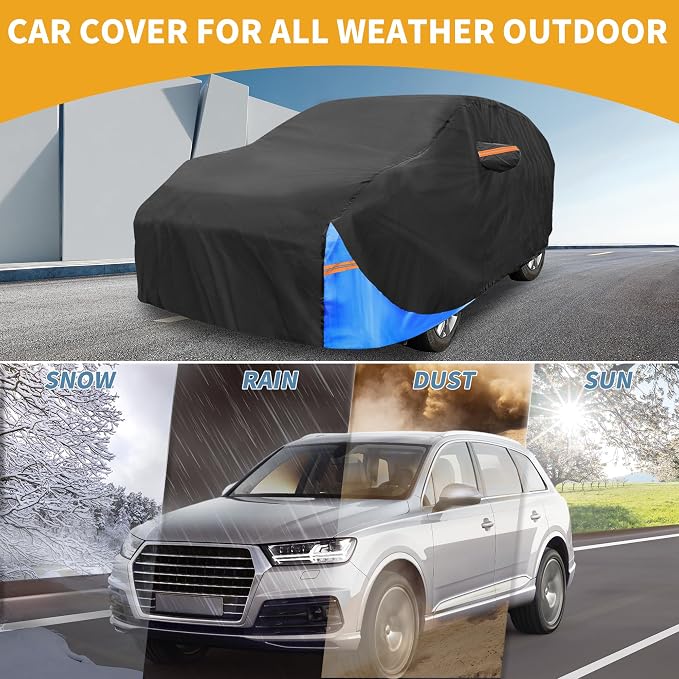 Waterproof All-Weather Universal Car Cover with Right Side Zipper, 190T Polyeste Black Blue Fits for Wagon 177" to 190" Length
