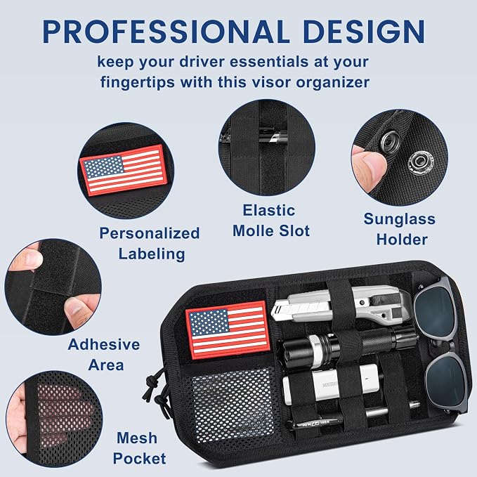Car Sun Visor Organizer, Multi-Pocket Tactical Visor Storage with Zipper | Semi-Rigid Molle Panel Car Accessories, Sunglasses Holder Clip, for Truck, SUV, Patrols, Pickups