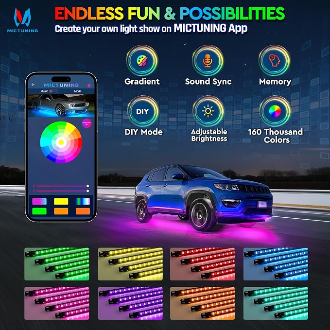 MICTUNING N8 RGBW Underglow Light Bars for SUVs, App/Remote Control, Aluminum Housing Waterproof, Exterior Neon Accent Underbody LED Light Strips, w/ 2pcs 9.8ft Extension Cords, 8PCS