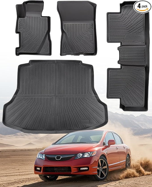 Car Floor Mats for Honda Civic: 2006 2007 2008 2009 2010 2011 All Weather Rubber Black Trunk Liner Full Set Mats Fit for 5-Seat 8th Gen Civic Si Sedan (Not Fit Coupe) TPE Cutsom Automotive Accessories
