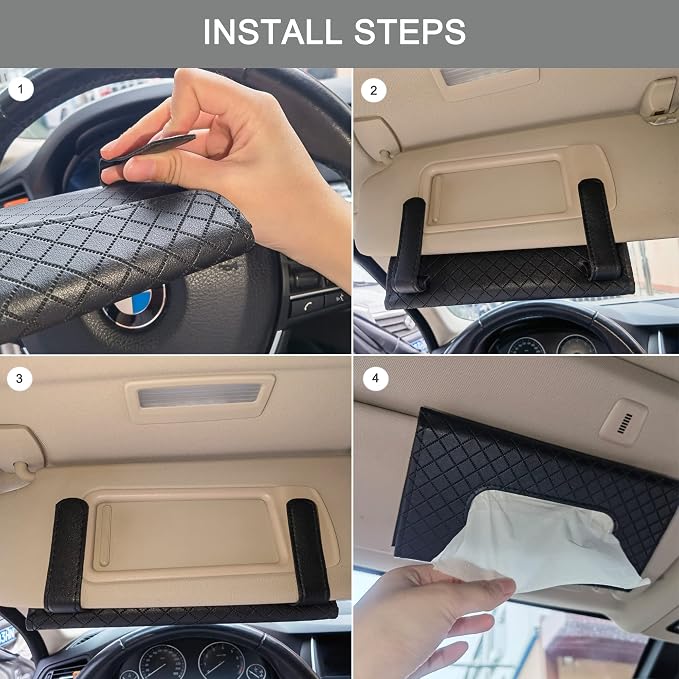 Car Sun Visor Tissue Holder, Car Napkin Holder, Premium PU Leather, Mask Holder for Sun Visor Vehicle, with Tissue Refill, Black