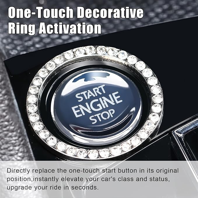 Bling Car Cup Holder Coaster, Anti-Slip Rhinestone Cup Holder Insert (4 Pack) with Push Start Button Cover Button Ring (2 Pack), Shiny Diamond Car Interior Accessories for Women (Black)