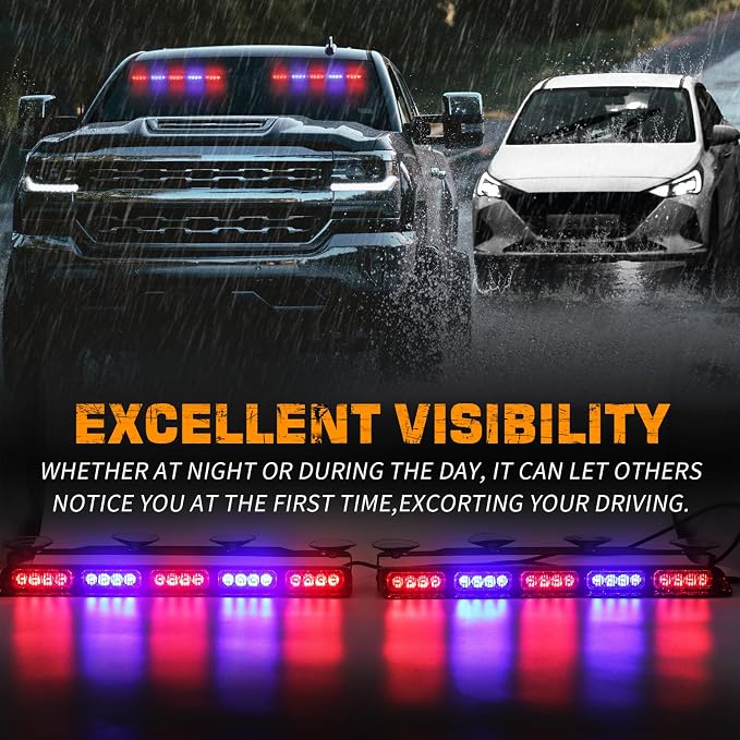 XRIDONSEN 2x 17 inch Dash Strobe Lights 40 LED Windshield Light Bar | Interior Safety Warning Hazard w/ Suction Cups for Vehicles Trucks (Red/Blue)