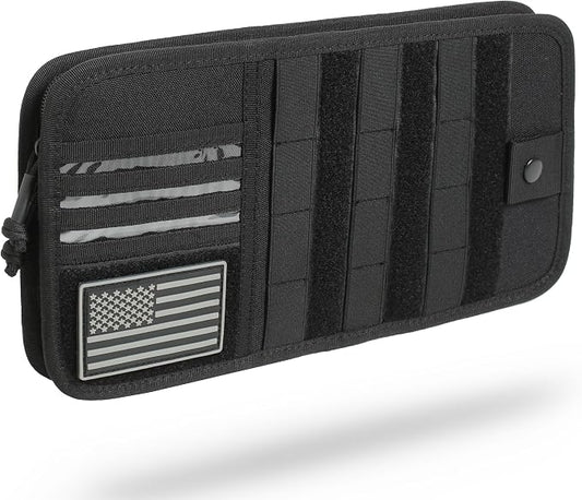 Heavy Duty Molle Car Sun Visor Organizer - Tactical Car Accessories with Zipper Visor Storage Pouch,Glasses Clip and Card Sleeve Pocket, Multi-Pocket Visor Organizer Storage Pouch for Cars SUVs Trucks