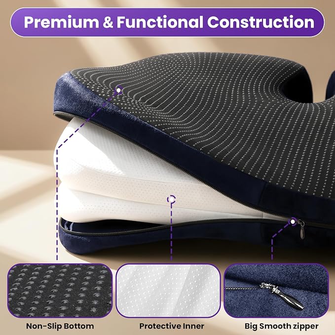ZZ-WELL Seat Cushions for Office Chairs, Coccyx Cushion for Tailbone Pain, Memory Foam Butt Pillows for Computer Gaming Chair, Patented Pressure Relief Design Chair Cushion (Navy Blue, XX-Large)