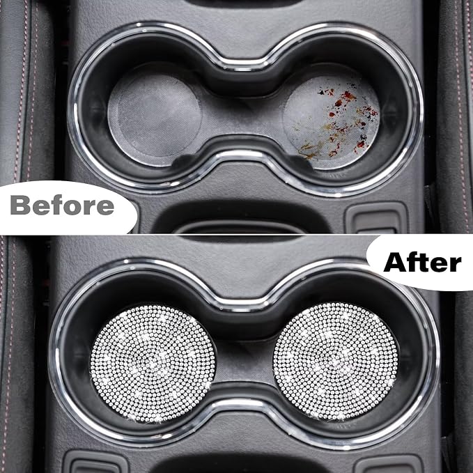 BFXM 4 PCS Bling Cup Holder Coaster, 2.75 inch Diamond Universal Non-Slip Silicone Cup Holder Coasters, Sparkly Bling Car Accessories for Women (White)