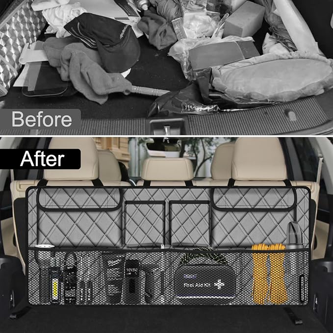 Femuar Car Trunk Organizer, Large Capacity Backseat Trunk Organizer (42"*18"), Collapsible Car Storage Bag with 8 Pockets, SUV/MPV/Truck - Grey