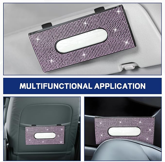 Bling Car Tissue Holder for Sun Visor, Crystal Rhinestone Visor Tissue Box, Leather Vehicle Paper Towel Case, Sparkling Auto Napkin Holder for Women, Car Accessories Decoration (Pink)