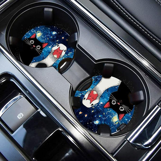 WOCOCN Car Coasters,Cup Holder Coasters for Car,2.75inch Anti Slip and Absorbent,Cute Automotive Interior Accessories for Cup Holder,Pack of 2 (Cat and Goose)