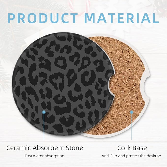 2 Pack Car Coasters for Cup Holders, 2.56" Universal Absorbent Ceramic Stone Car Cup Holder Coasters with Non-Slip Cork Base,Car Interior Accessories for Women Men(Black Leopard Cheetah Print)