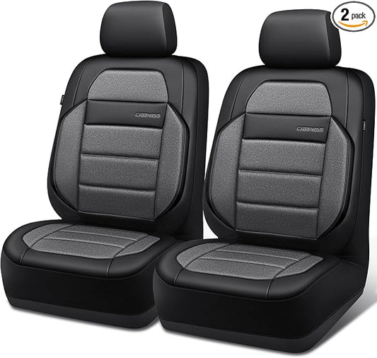 CAR PASS Memory Foam Seat Covers Front, Airy Cool Mesh Thick Car Seat Covers, Leather Car Seat Covers Front Seats Airbag Compatible, Universal Automotive Comfort for Cars, Trucks, SUV, Gray and Black