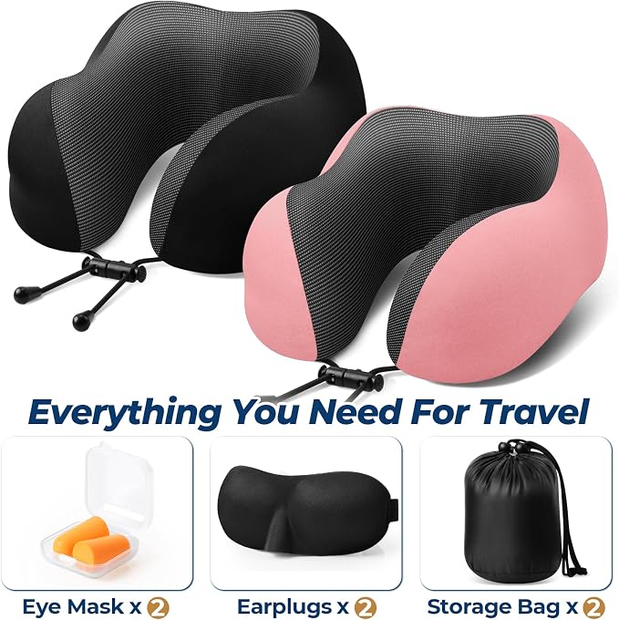 ExploreBliss Travel Pillow, 2 Pack Travel Pillows for Sleeping Airplane, Neck Pillow Airplane, Memory Foam Neck Pillow Set with Eye Mask, Earplugs and Storage Bag -Black & Pink
