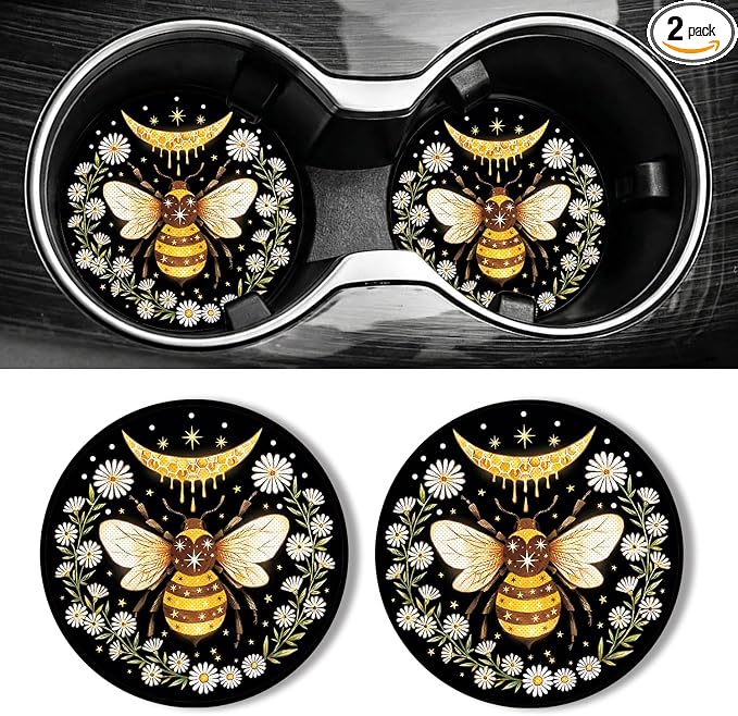 WOCOCN Car Coasters for Cup Holders - 2 Pack 2.75" Universal Rubber Car Cup Coaster, Non-Slip Waterproof Car Interior Accessories, Cute Car Decor Gifts for Women and Men (Bee)