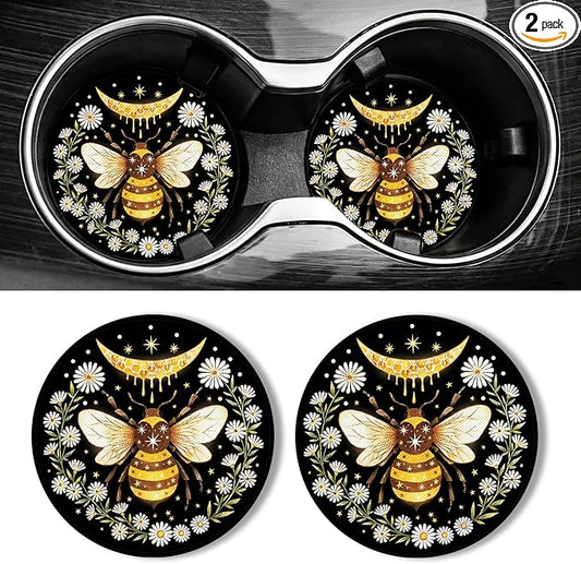 WOCOCN Car Coasters for Cup Holders - 2 Pack 2.75" Universal Rubber Car Cup Coaster, Non-Slip Waterproof Car Interior Accessories, Cute Car Decor Gifts for Women and Men (Bee)