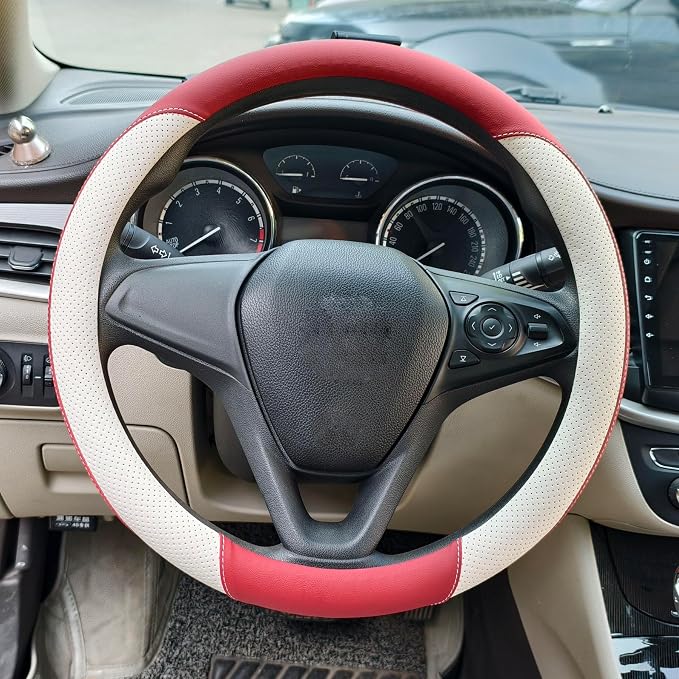 Breathable Perforated Leather Steering Wheel Cover, Universal 15-inch car Steering Wheel Grip, Soft and Comfortable, Breathable and Non-Slip, Suitable for sedans, Vans, SUVs (Wine red)